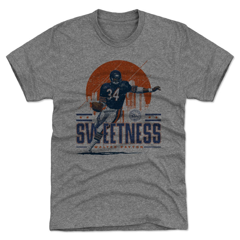 Gray short-sleeved t-shirt featuring Walter Payton in a number 34 Bears jersey over an orange sun and skyline with the text 'SWEETNESS' in navy.
