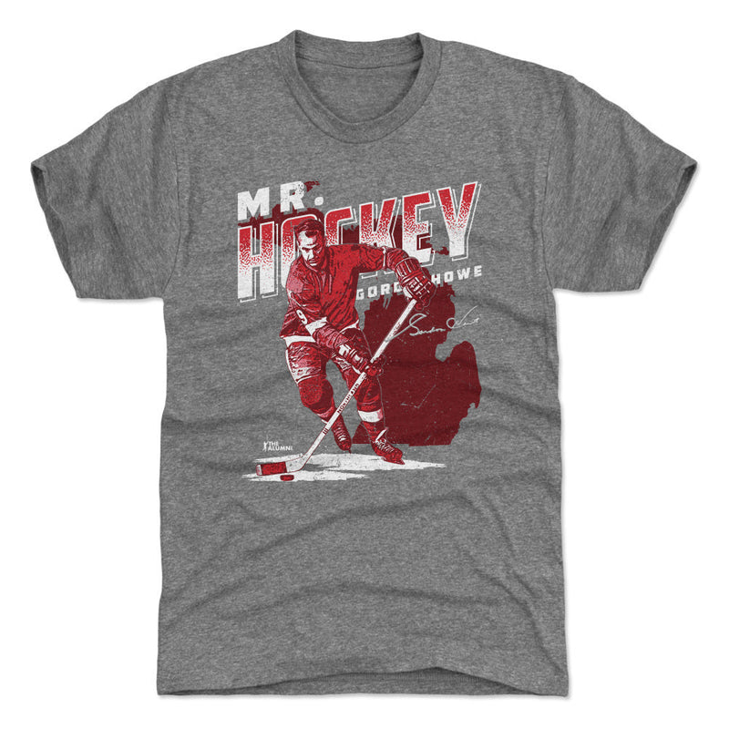 Tri Gray T-Shirt featuring design named Gordie Howe Detroit Mr. Hockey WHT