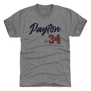 Back view of heather gray short-sleeved t-shirt featuring the name 'Payton' in navy script with the number 34 below in orange.