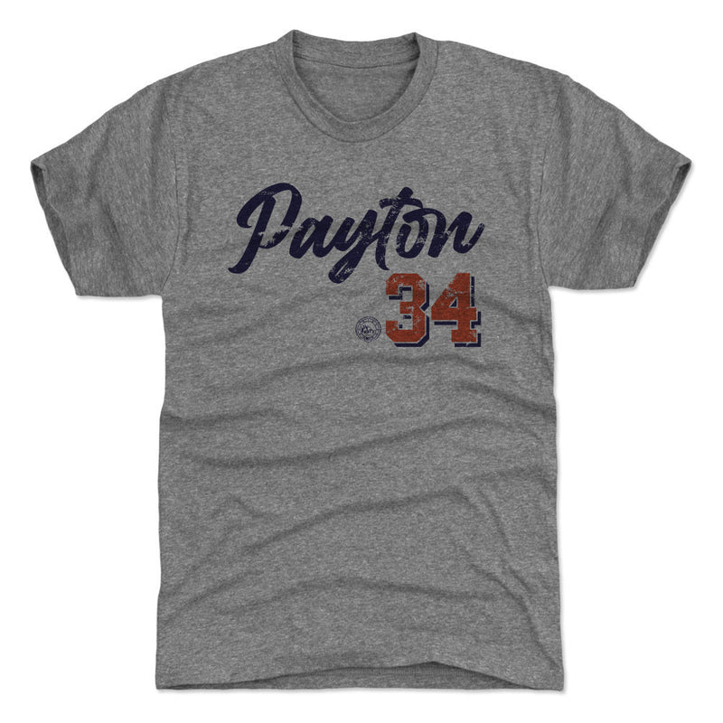 Back view of heather gray short-sleeved t-shirt featuring the name 'Payton' in navy script with the number 34 below in orange.