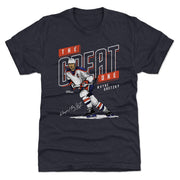 Navy short-sleeved t-shirt featuring Wayne Gretzky in an Edmonton jersey with the text 'THE GREAT ONE' in white and orange above him.
