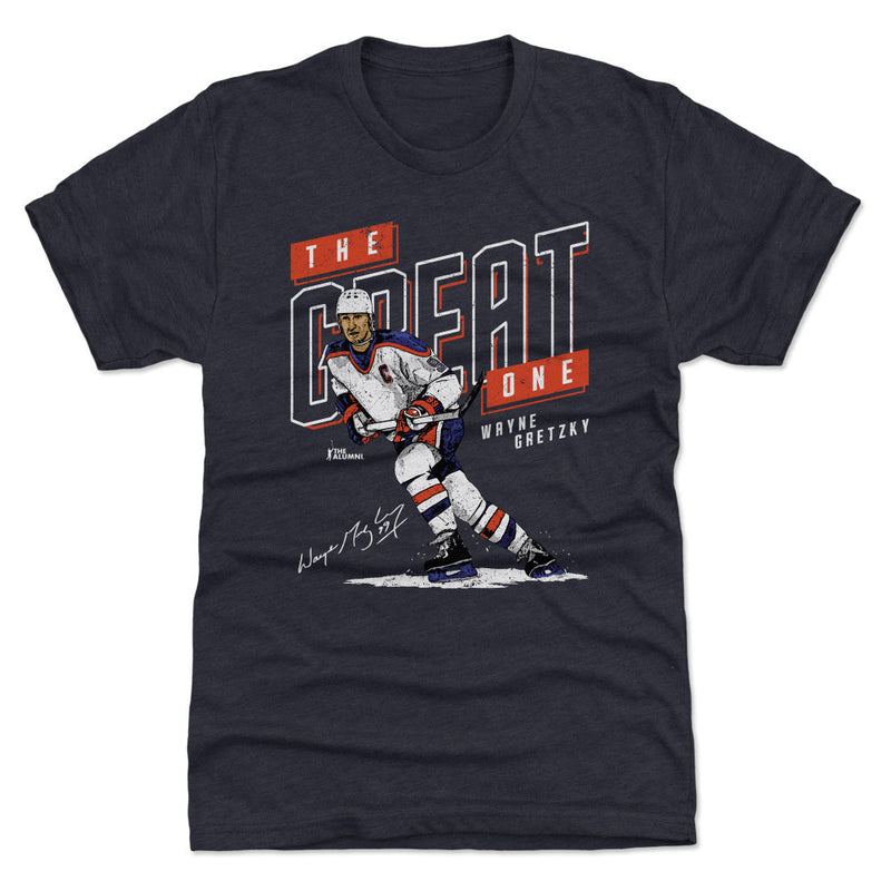 Navy short-sleeved t-shirt featuring Wayne Gretzky in an Edmonton jersey with the text 'THE GREAT ONE' in white and orange above him.
