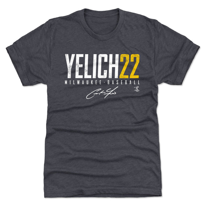 Navy t-shirt featuring Christian Yelich's Milwaukee baseball name graphic with the text 'YELICH22' in white and yellow above a signature.