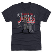 Navy t-shirt featuring an illustrated Chipper Jones mid-swing with the text 'CHIPPER JONES' in red and white above a large number 10.
