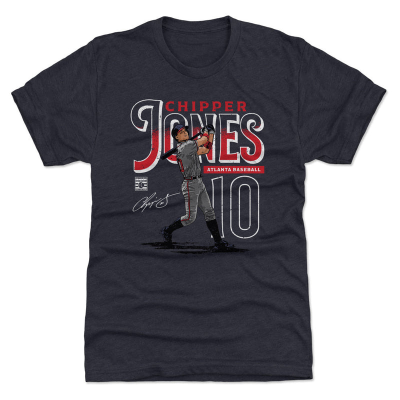 Navy t-shirt featuring an illustrated Chipper Jones mid-swing with the text 'CHIPPER JONES' in red and white above a large number 10.