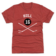 Heather red t-shirt featuring the number 16 in a black circle over crossed hockey sticks with the text 'HULL' in white above it.