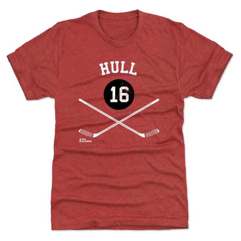 Heather red t-shirt featuring the number 16 in a black circle over crossed hockey sticks with the text 'HULL' in white above it.