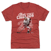 Red t-shirt featuring Chris Chelios skating in a white jersey with the faded number 24 and the text 'Chris Chelios' in white above.