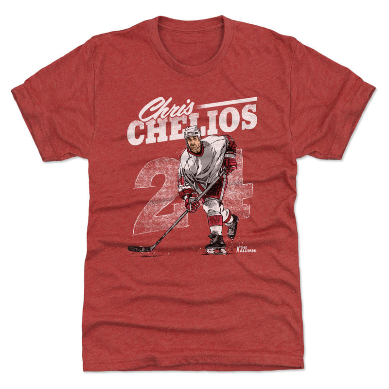 Red t-shirt featuring Chris Chelios skating in a white jersey with the faded number 24 and the text 'Chris Chelios' in white above.
