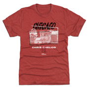 Red t-shirt featuring a Chris Chelios photo and number 7, with the text 'CHICAGO' in black above and 'CHRIS CHELIOS' in white below.