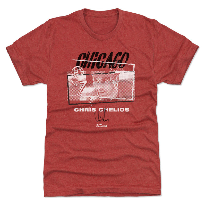 Red t-shirt featuring a Chris Chelios photo and number 7, with the text 'CHICAGO' in black above and 'CHRIS CHELIOS' in white below.