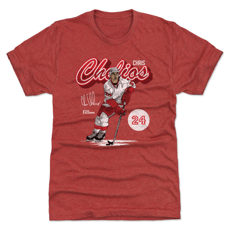 Heather red t-shirt featuring Chris Chelios skating on ice with a hockey stick and the text 'Chris Chelios' in red script above him.