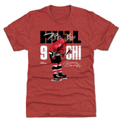Red heather t-shirt featuring Bobby Hull skating in a red jersey with the text 'HULL 9 CHI' in white and black lettering.