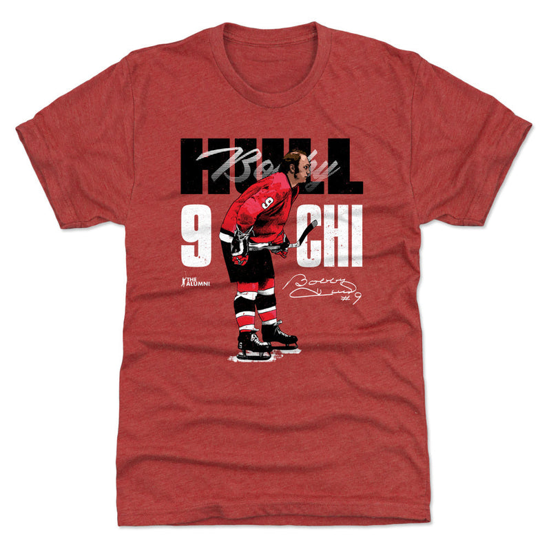 Red heather t-shirt featuring Bobby Hull skating in a red jersey with the text 'HULL 9 CHI' in white and black lettering.