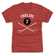 Red t-shirt featuring a black puck with the number 7 and crossed hockey sticks with the text 'CHELIOS' in white above it.