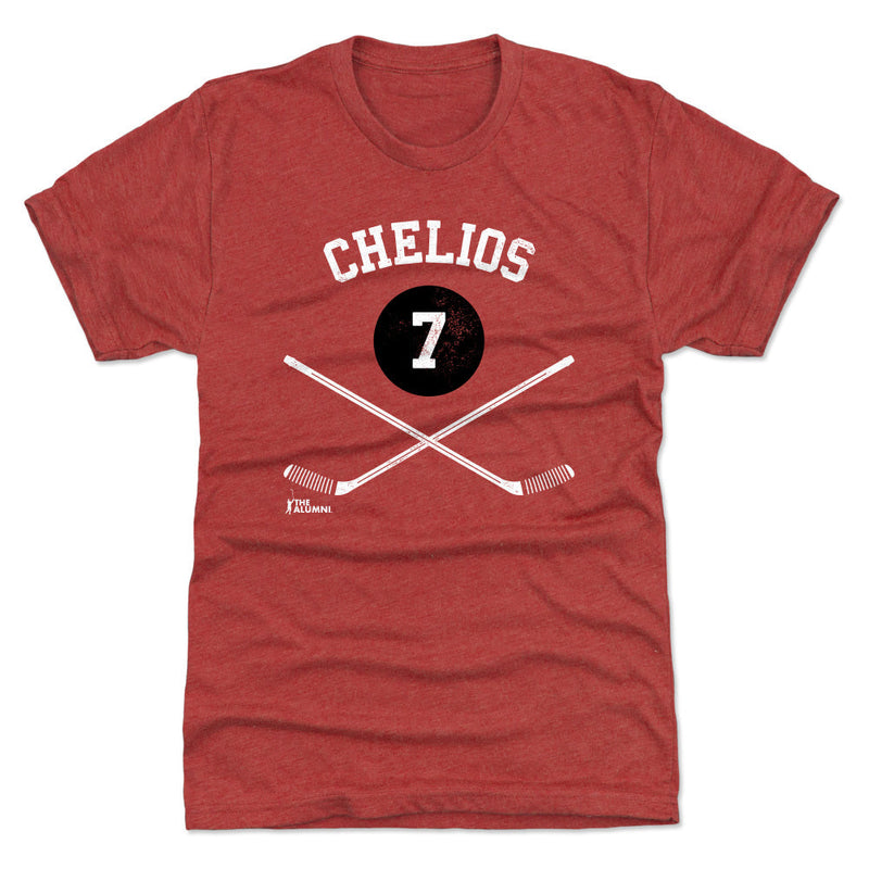 Red t-shirt featuring a black puck with the number 7 and crossed hockey sticks with the text 'CHELIOS' in white above it.