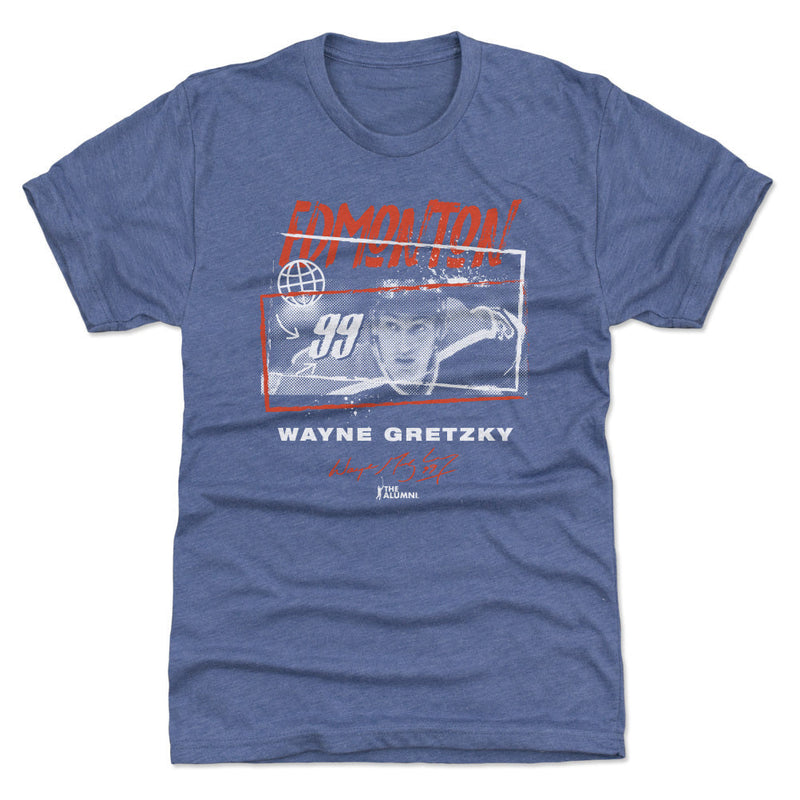 Blue t-shirt featuring a Wayne Gretzky number 99 photo with the text 'EDMONTON' in red above and 'WAYNE GRETZKY' in white below.