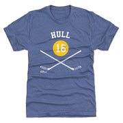 Heather blue t-shirt featuring crossed white hockey sticks and a yellow circle with the number 16 in white with the text 'HULL' in white above.