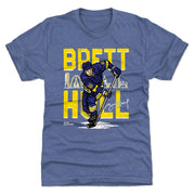 Royal blue t-shirt featuring a cartoon of Brett Hull in a blue and yellow hockey jersey with the text 'BRETT HULL' and the St. Louis skyline in yellow.