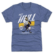 Heather blue t-shirt featuring an illustration of Brett Hull in a white jersey with the text 'BRETT HULL' in white above it.