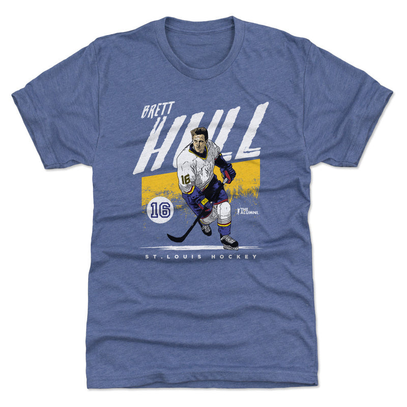 Heather blue t-shirt featuring an illustration of Brett Hull in a white jersey with the text 'BRETT HULL' in white above it.