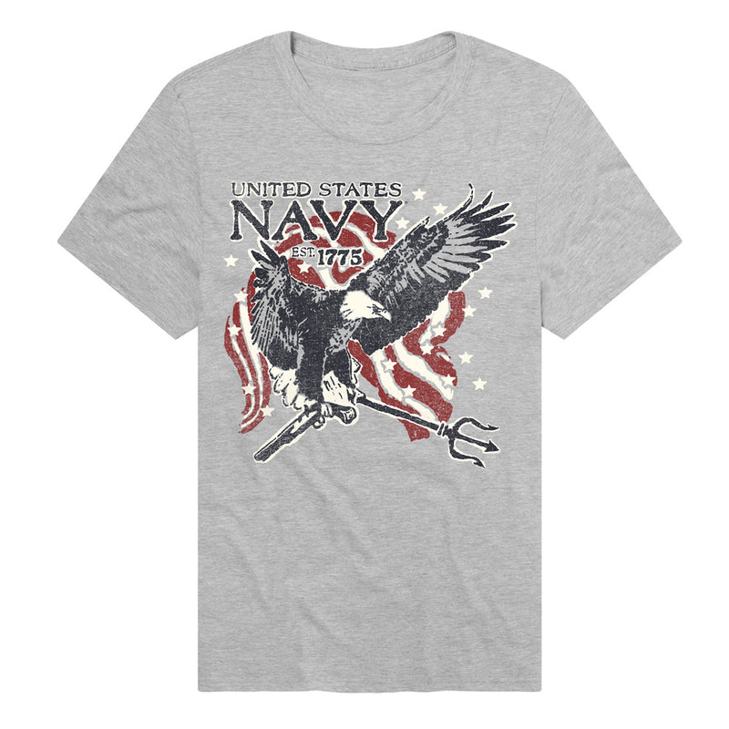 Heather gray t-shirt featuring a dark eagle gripping a trident over a faded American flag with the text 'UNITED STATES NAVY' in black above it.