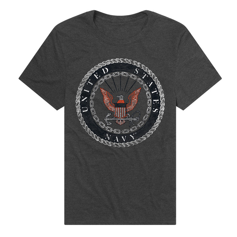 Heather charcoal t-shirt featuring the US Navy logo with a red and white eagle over an anchor and chain encircled by white 'United States Navy' text.