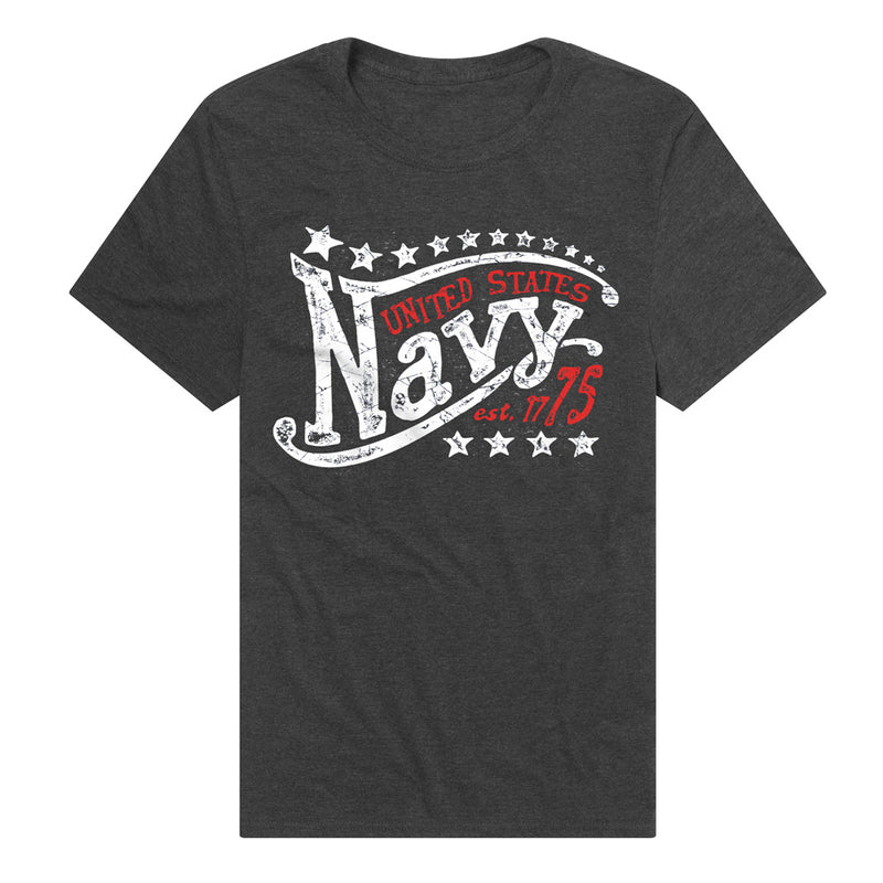 Heather charcoal t-shirt featuring a distressed white Navy logo with a curved banner, stars and 'United States est. 1775' in red