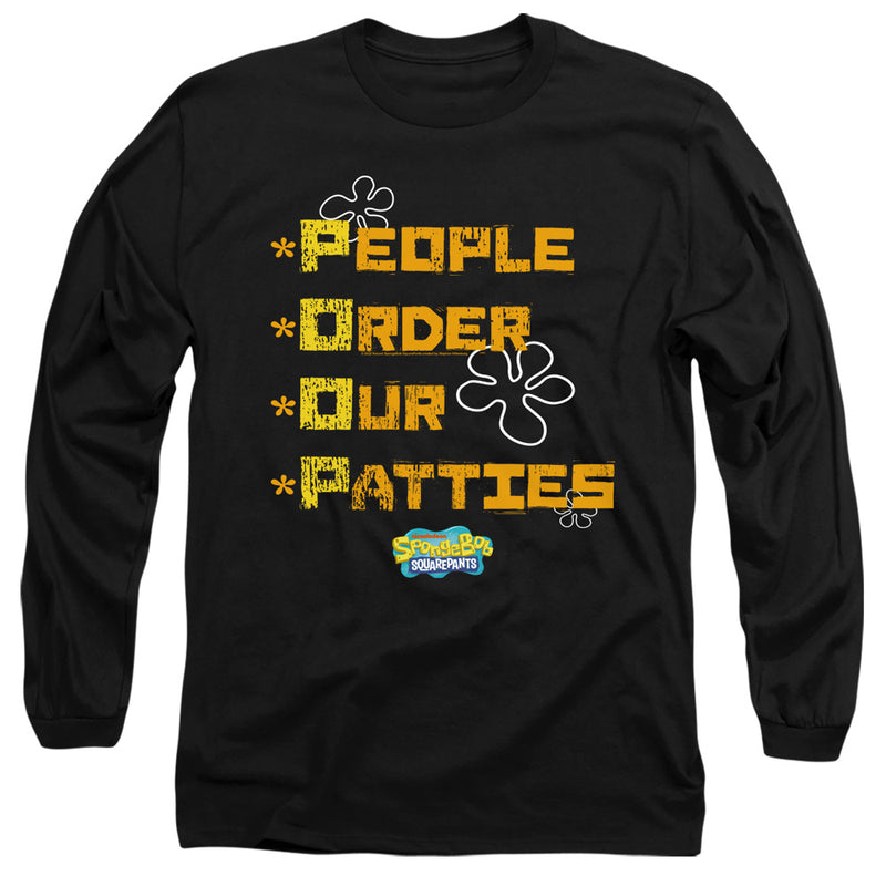 Black long-sleeved shirt featuring the text 'PEOPLE ORDER OUR PATTIES' in stacked yellow and orange letters above the SpongeBob SquarePants logo