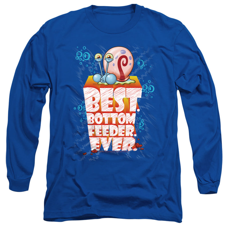 Royal blue long-sleeved t-shirt featuring Gary the snail on an orange block with the text 'BEST. BOTTOM FEEDER. EVER.' in white.