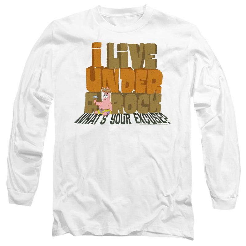 White long-sleeved shirt featuring Patrick Star with the text 'I Live Under a Rock' in brown above 'What's Your Excuse?'