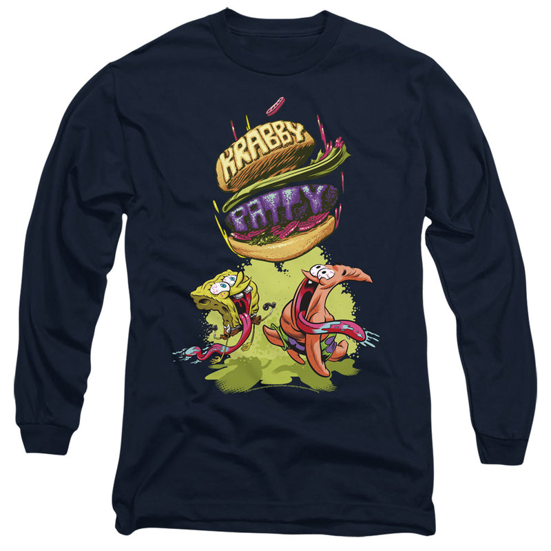 Navy long-sleeved t-shirt featuring SpongeBob and Patrick under a falling Krabby Patty, text 'KRABBY PATTY' in purple.