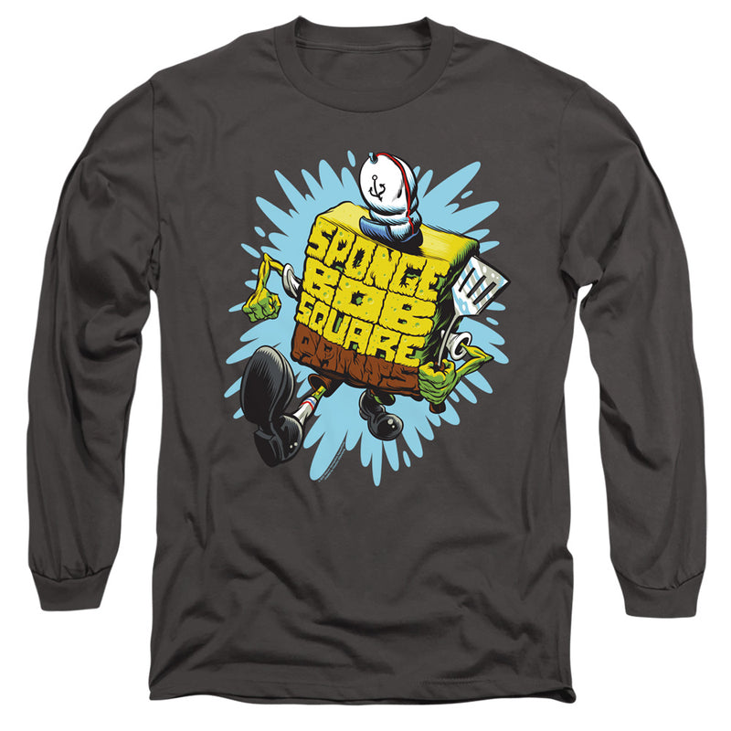 Charcoal long-sleeved shirt featuring a walking SpongeBob block with the text 'SPONGE BOB SQUARE PANTS' in yellow and brown letters.