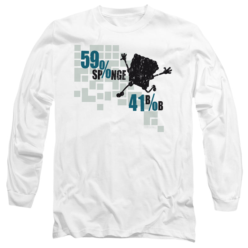 White long-sleeved shirt featuring a black SpongeBob SquarePants silhouette with the text '59% Sponge 41% Bob' in teal and black beside it.