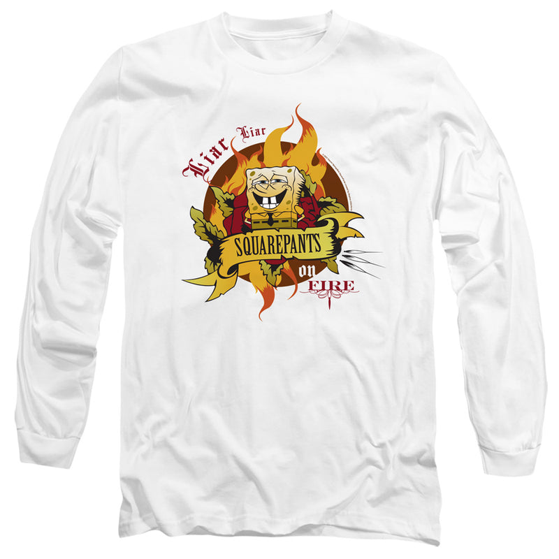 White long-sleeved shirt featuring SpongeBob grinning in flames with the text 'Liar Liar' in red above and 'SQUAREPANTS on FIRE' on a banner.