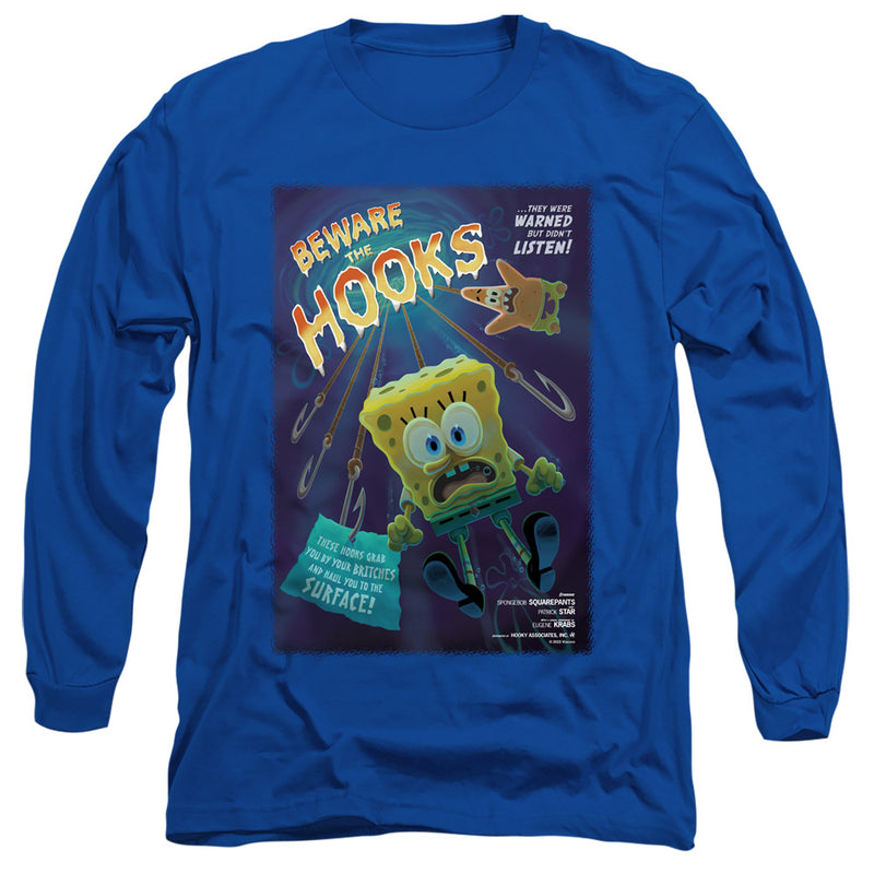 Royal blue long-sleeved shirt featuring SpongeBob and Patrick on hooks with the text 'Beware the Hooks' in orange.