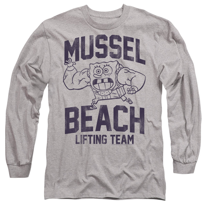 Heather gray long-sleeved shirt featuring SpongeBob SquarePants flexing his muscles with the text 'MUSSEL BEACH LIFTING TEAM' in dark purple.