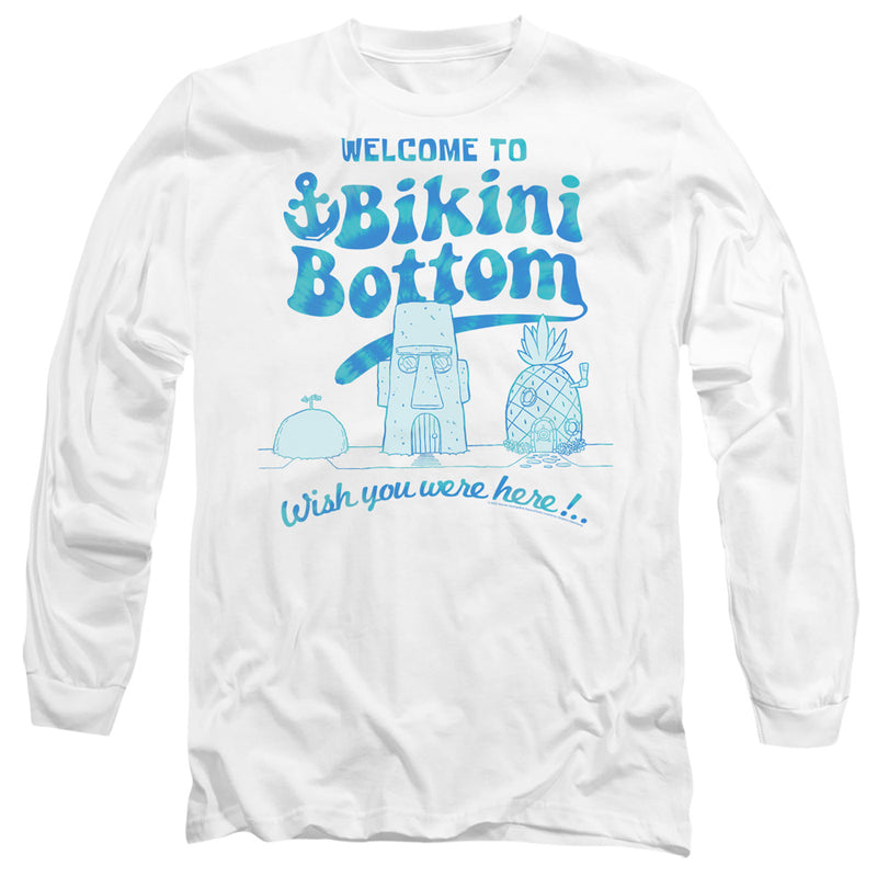 White long-sleeved t-shirt featuring a blue Bikini Bottom scene with the text 'Welcome to Bikini Bottom' in blue above it.