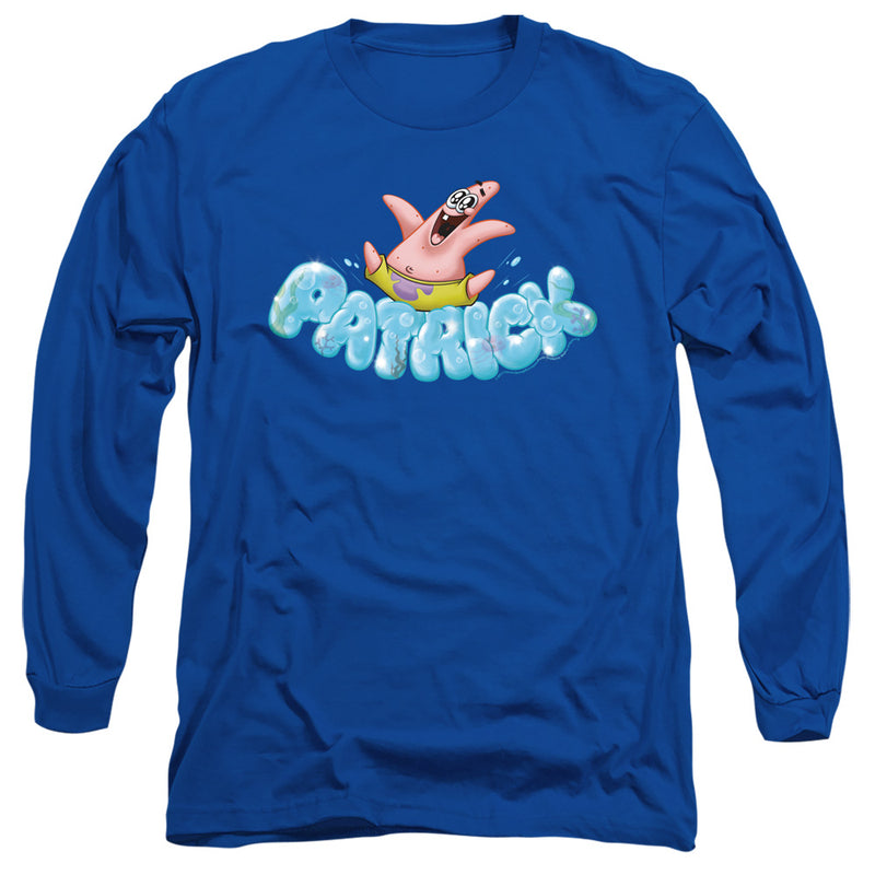 Royal blue long-sleeve shirt featuring Patrick Star leaping with joy above the text 'Patrick' in bubbly light blue letters.