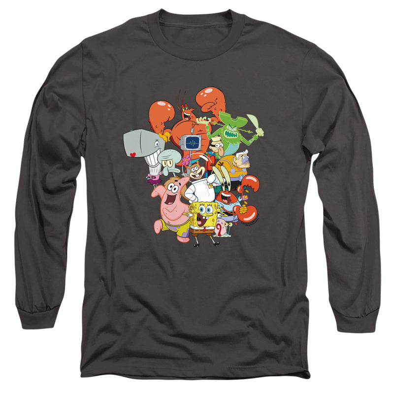 Charcoal long-sleeved shirt featuring SpongeBob SquarePants characters SpongeBob, Patrick, Squidward, Mr. Krabs, and Plankton in a group design.