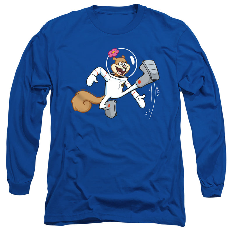 Royal blue long-sleeved shirt featuring Sandy Cheeks from SpongeBob SquarePants in a white space suit mid-kick with a pink flower on her head.