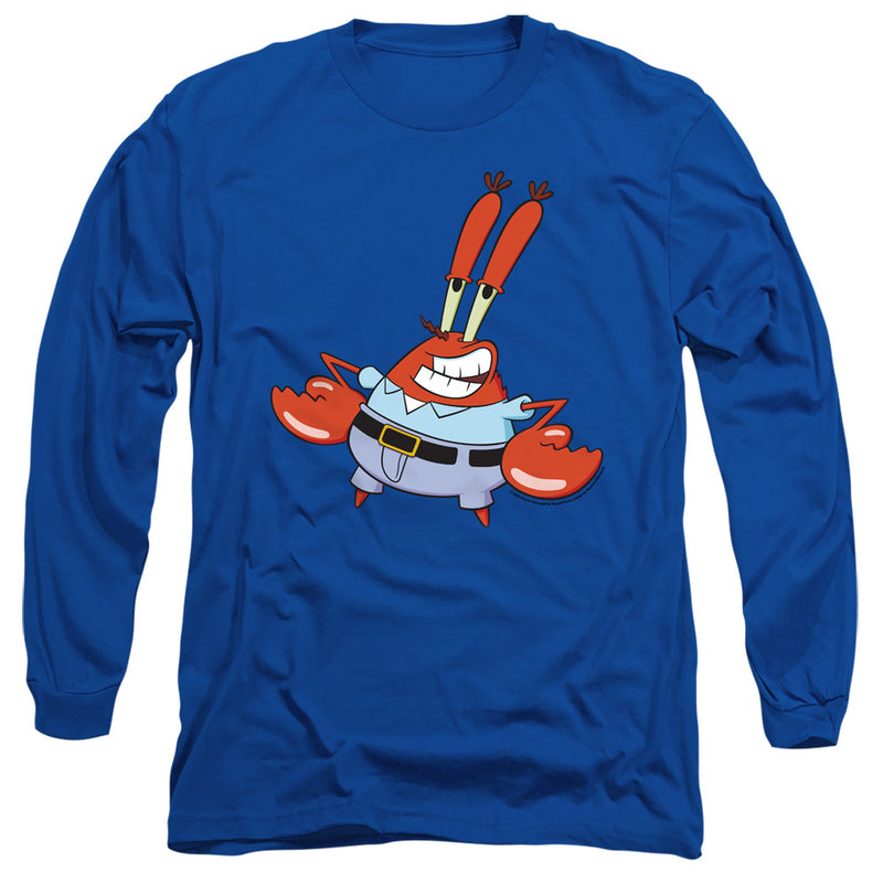 Royal blue long-sleeved shirt featuring a cartoon image of Mr. Krabs grinning with his claws raised.
