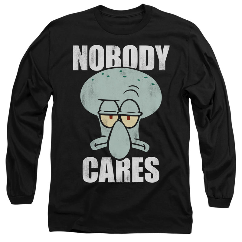 Black long-sleeved shirt with a bored Squidward face and the text 'NOBODY CARES' in white above and below it.