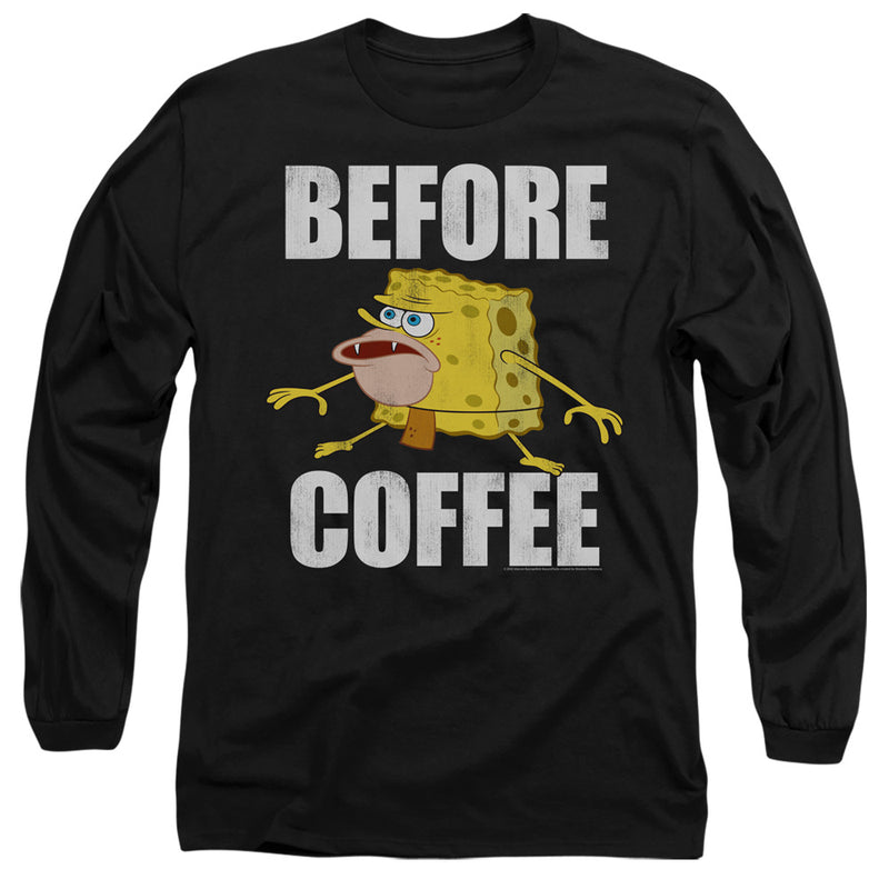 Black long-sleeved shirt featuring SpongeBob SquarePants in a distorted meme pose with the text 'BEFORE COFFEE' in white above and below him.