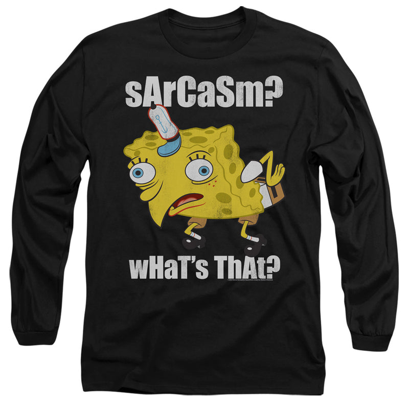 Black long-sleeve shirt featuring SpongeBob SquarePants in a mocking pose with the text 'sArcaSm?' above and 'wHaT's ThAt?' below in white.