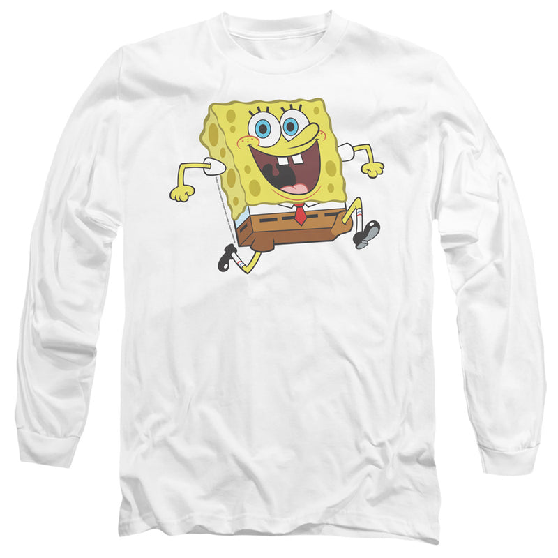 White long-sleeved t-shirt featuring a large cartoon SpongeBob SquarePants running with a wide open-mouthed grin and arms outstretched.