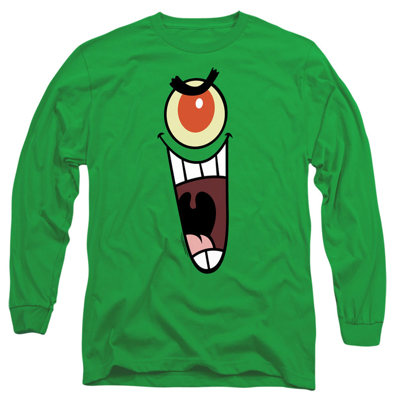 Kelly green long-sleeved shirt featuring a large SpongeBob SquarePants Plankton face with a wide open mouth and a single eye.