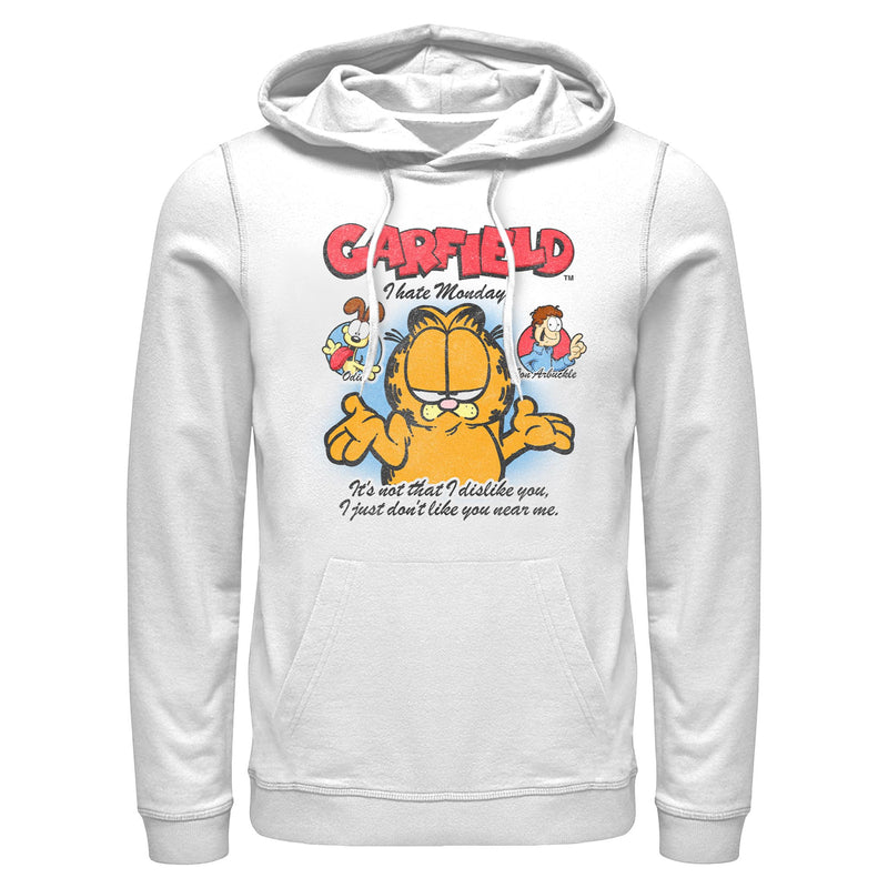 White pullover hoodie featuring Garfield with Odie and Jon Arbuckle and the text 'GARFIELD' in red above it