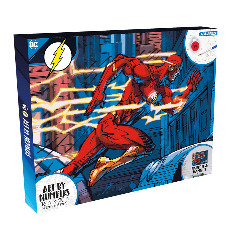 Angled view of blue DC Comics The Flash Art By Numbers painting kit box featuring the Flash running in red with lightning trails with the text 'Art By Numbers' in black at the bottom left.