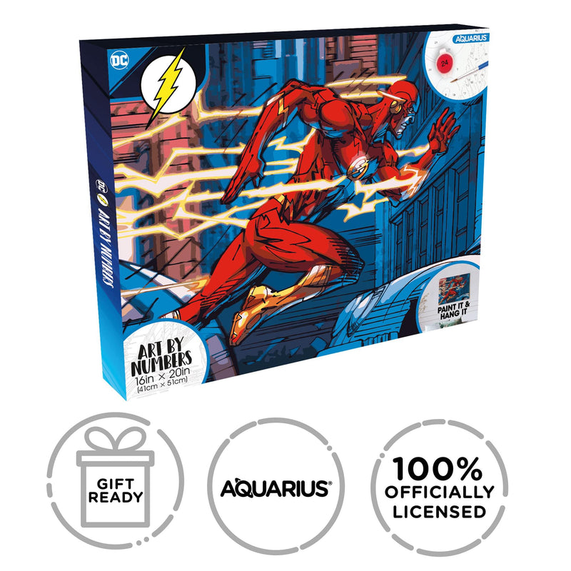 Front view of The Flash art by numbers kit box with badges below reading 'Gift Ready', 'Aquarius', and '100% Officially Licensed'.